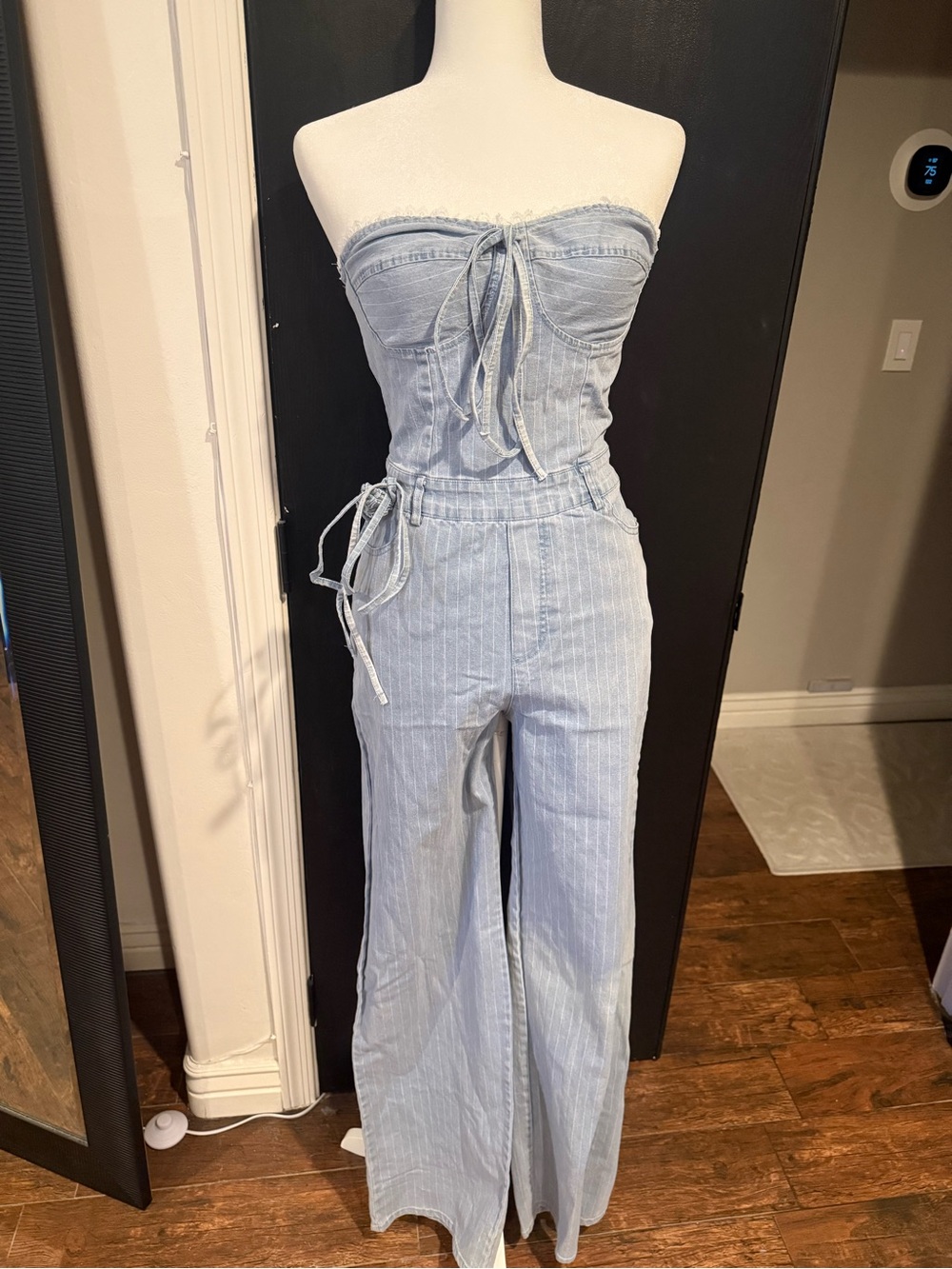 Fashion Nova Light Blue Striped Strapless Denim Jumpsuit